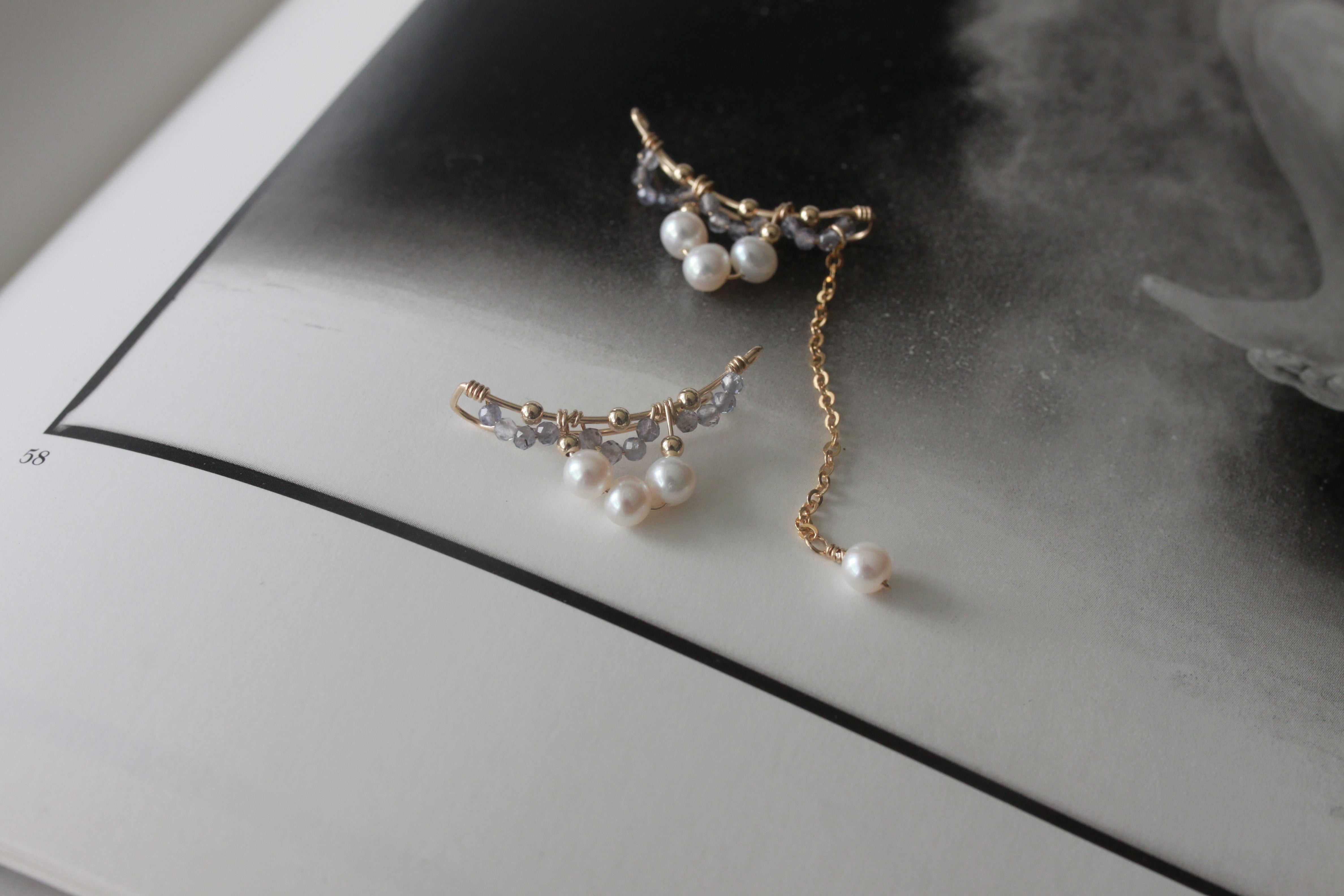 四季女神-冬-波賽芬Perseph 堇青石 淡水珍珠 不對稱耳夾耳針耳環