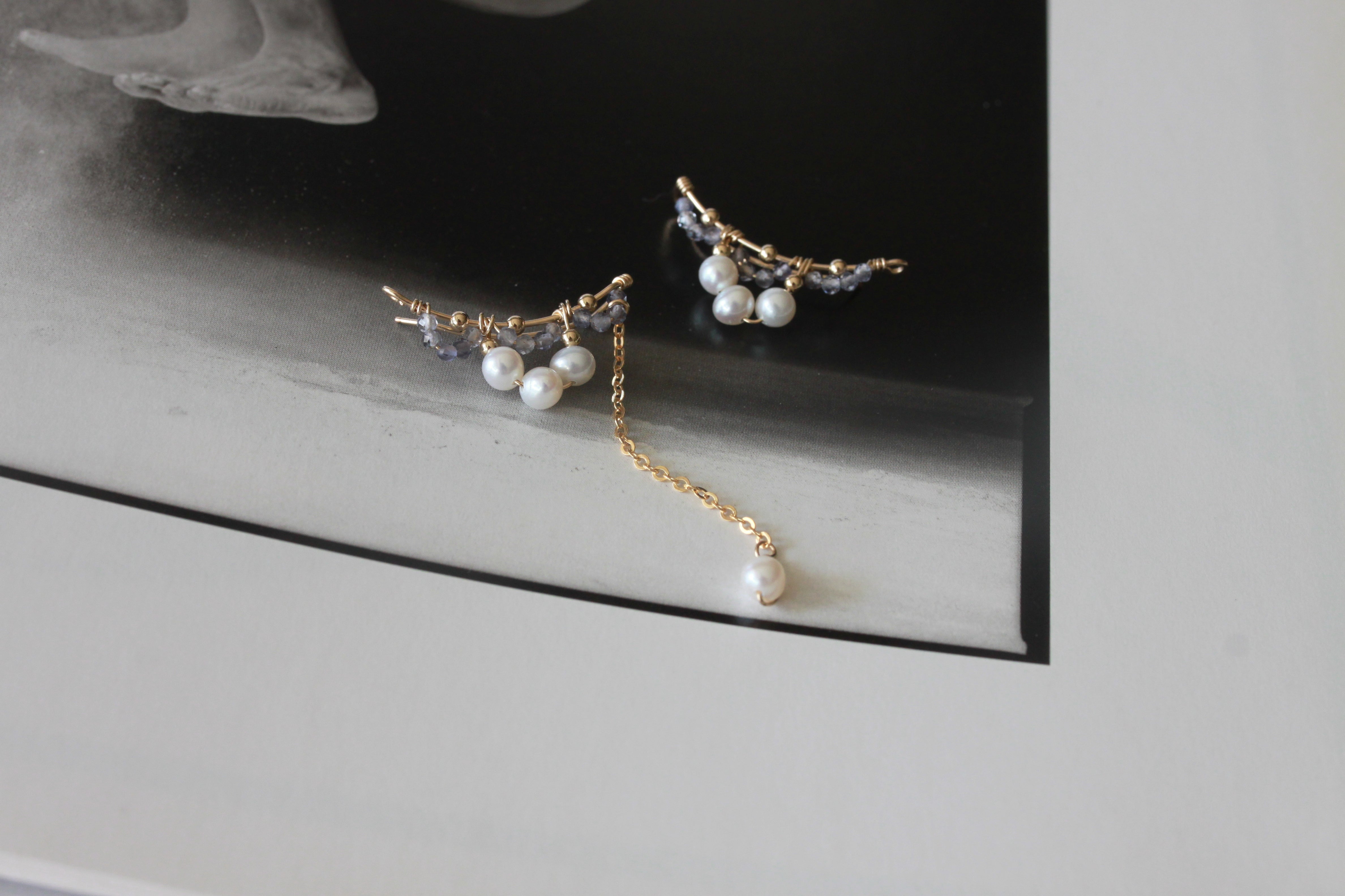 四季女神-冬-波賽芬Perseph 堇青石 淡水珍珠 不對稱耳夾耳針耳環